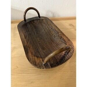 Vintage Rustic Carved Dark Wood Serving Tray w/ High Handles Cottage Primitive